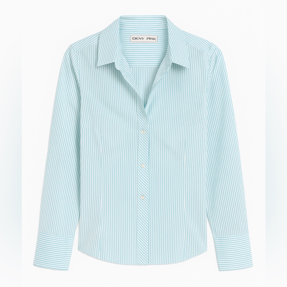 DKNY + PINK Aqua Blue Striped Button Down Shirt Women’s Size 12 / UK 16 EUR 44